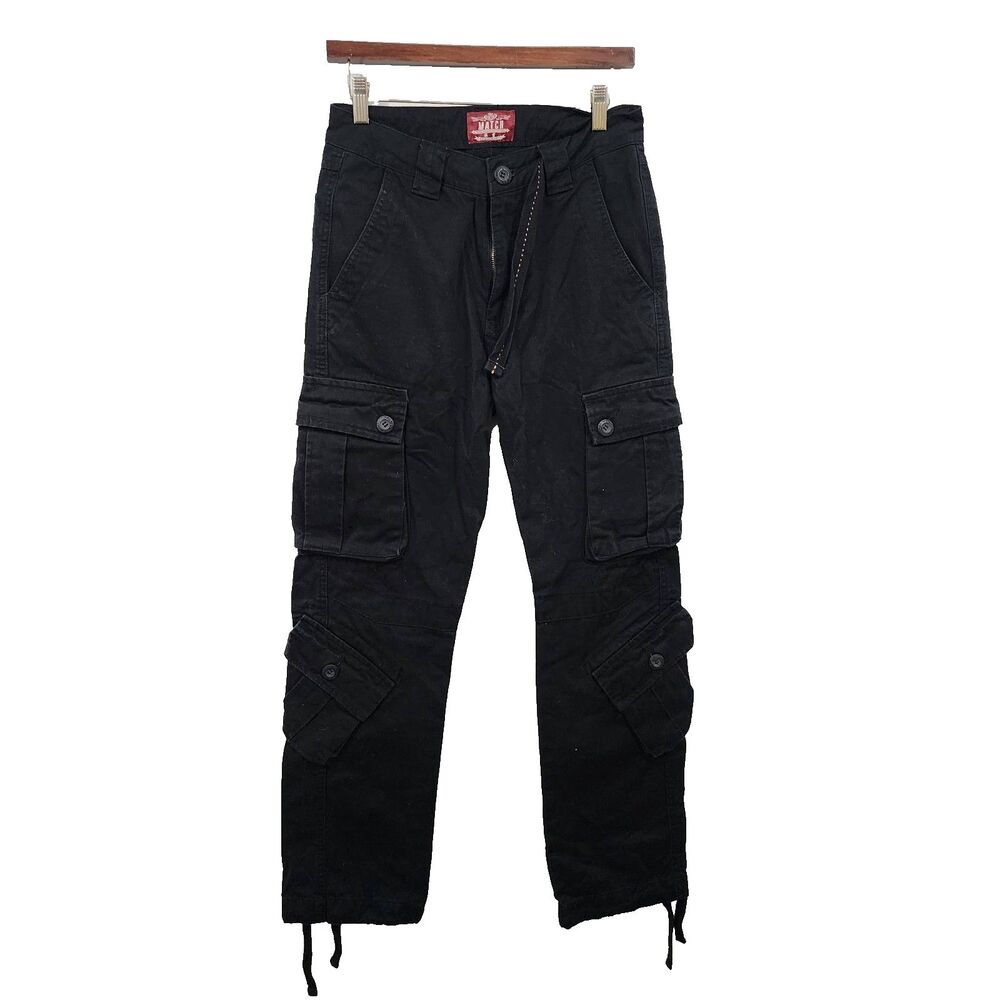 VTG Matchstick Cargo Pant Black Tactical Y2K Streetwear Baggy Utility Mens 28x29